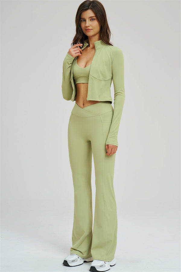 Olive green zip-front jacket with sports bra and flared leggings set