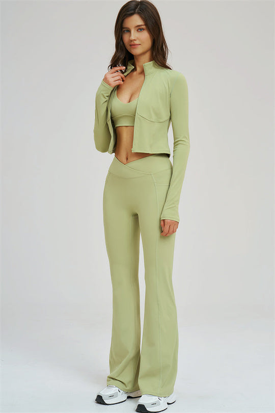 Olive green zip-front jacket with sports bra and flared leggings set