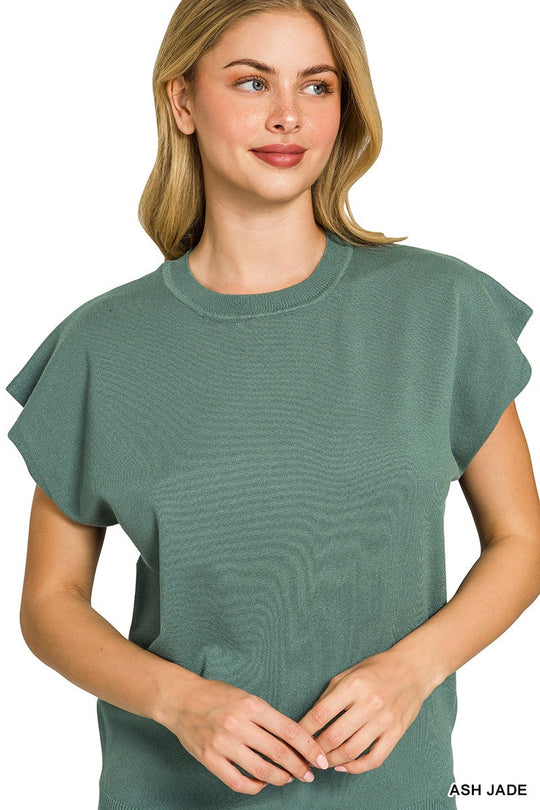 Zenana Viskose Rundhals Kurzarm-Pullover, Ash Jade, seitliche Passform