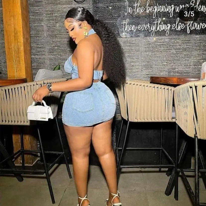 Back view: blue denim mini dress set with fitted skirt and halter top