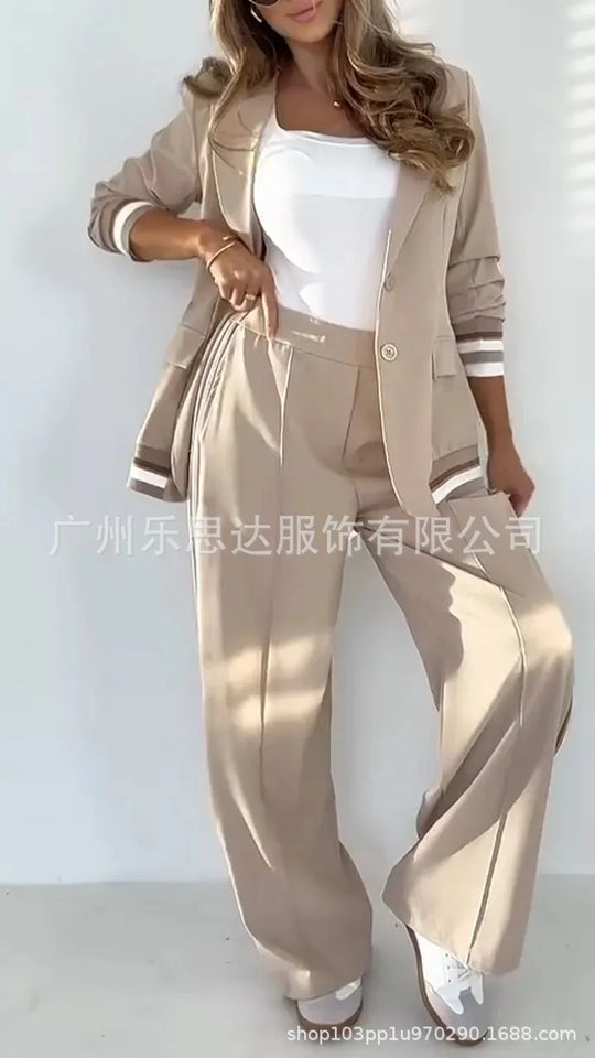 Women Suit Jacket 2 Piece Sets Striped Blazer Coat Turn Down Collar Single Breasted Wide Leg Pants Ensemble Office Lady Outfits