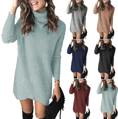 Hollow knit sweater dress collage: Teal, Grey, Brown, Black, Maroon, and Blue options
