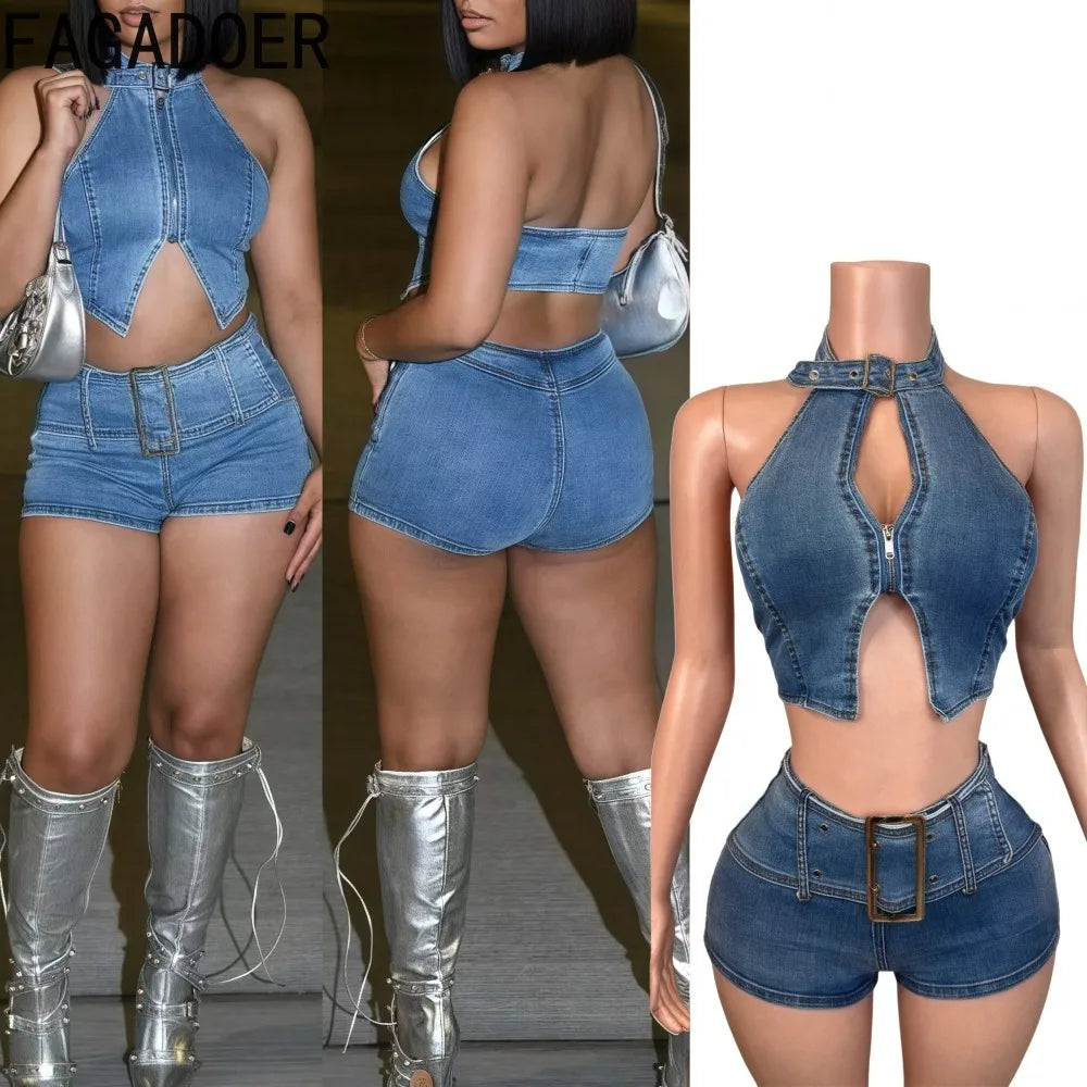 Sky blue denim 2-piece set: halter crop top and high-waist shorts with belt