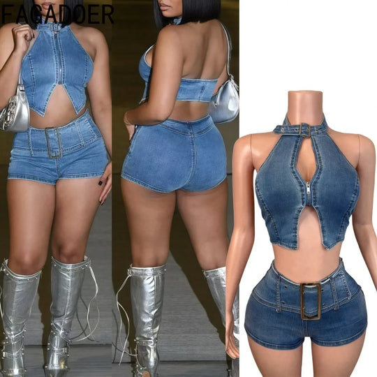 Sky blue denim 2-piece set: halter crop top and high-waist shorts with belt