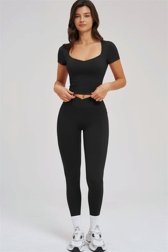 Black 2-piece set: front view of cropped tee with ankle-length leggings