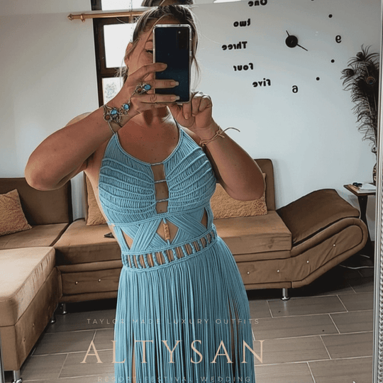 Artemis Beach Party Dress close-up in blue: halter neckline with center cutout and fringe
