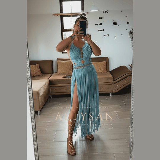 Artemis Beach Party Dress on model in blue: long gown with side slit and fringe skirt