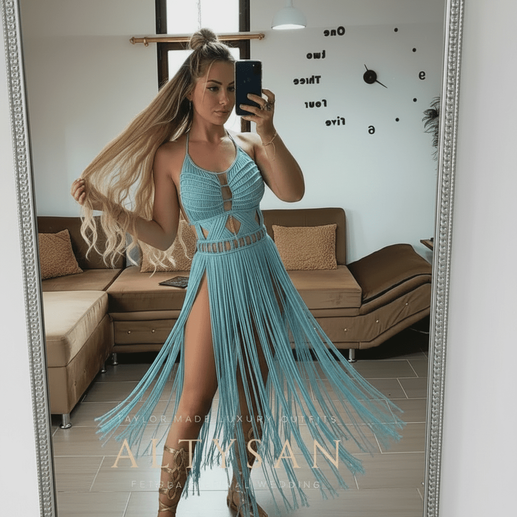 Artemis Beach Party Dress on model: blue halter maxi with cutout bodice and fringe hem