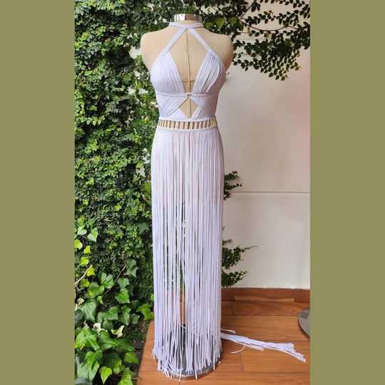 Selene ivory dress back view: crisscross halter straps over open back, long fringe maxi