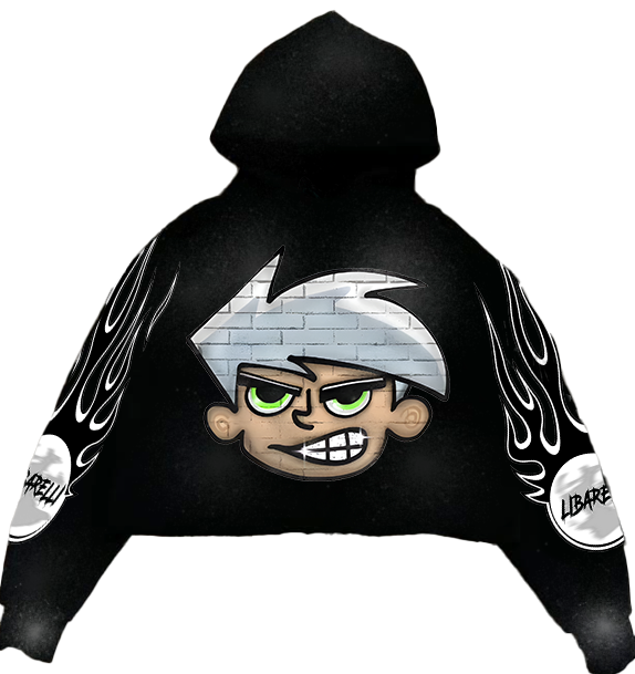 Danny Hoodie mit Kapuze, dunkler Optik und Flammen-Print an den Ärmeln