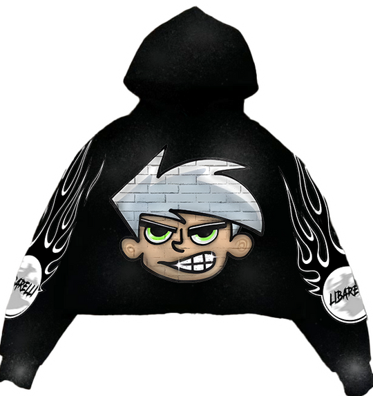 Danny Hoodie mit Kapuze, dunkler Optik und Flammen-Print an den Ärmeln