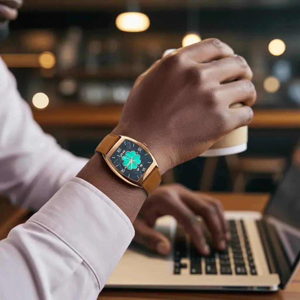 Mil-e smartwatch on wrist with tan leather band and green four-leaf clover face