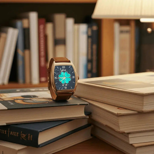 Mil-e smartwatch standing upright, tan leather strap and green clover screen