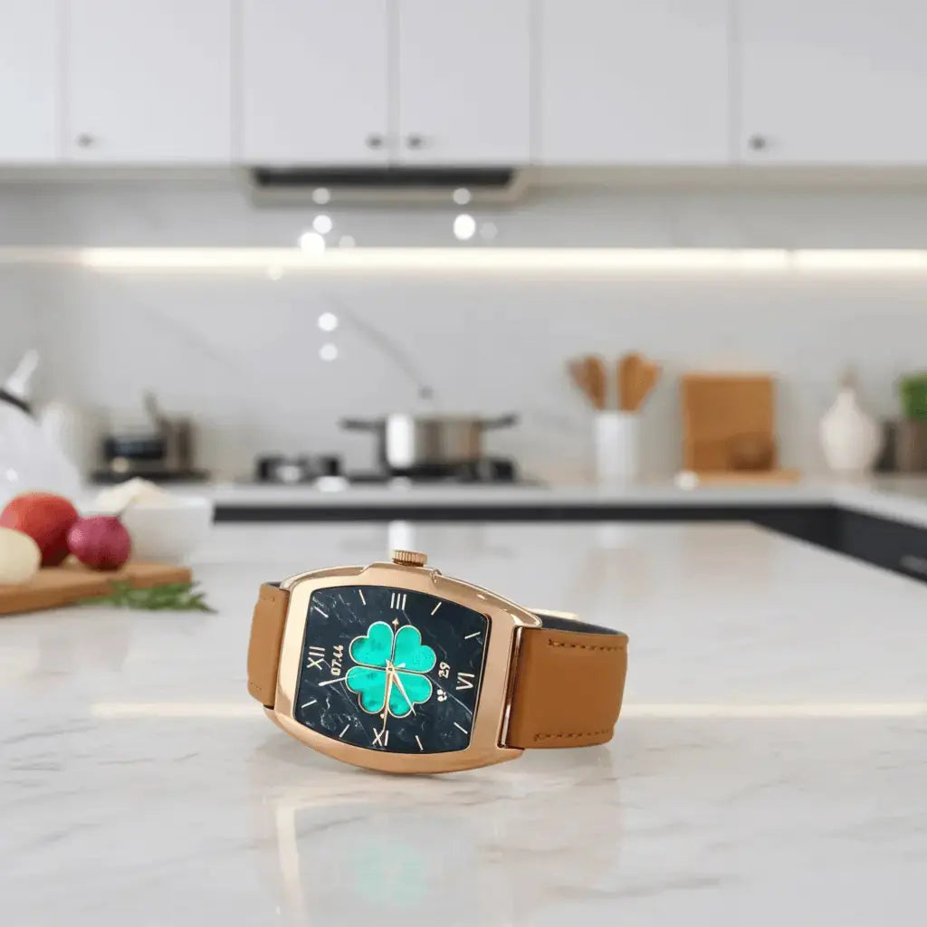 Mil-e smartwatch, rose-gold case, tan strap, green four-leaf clover display