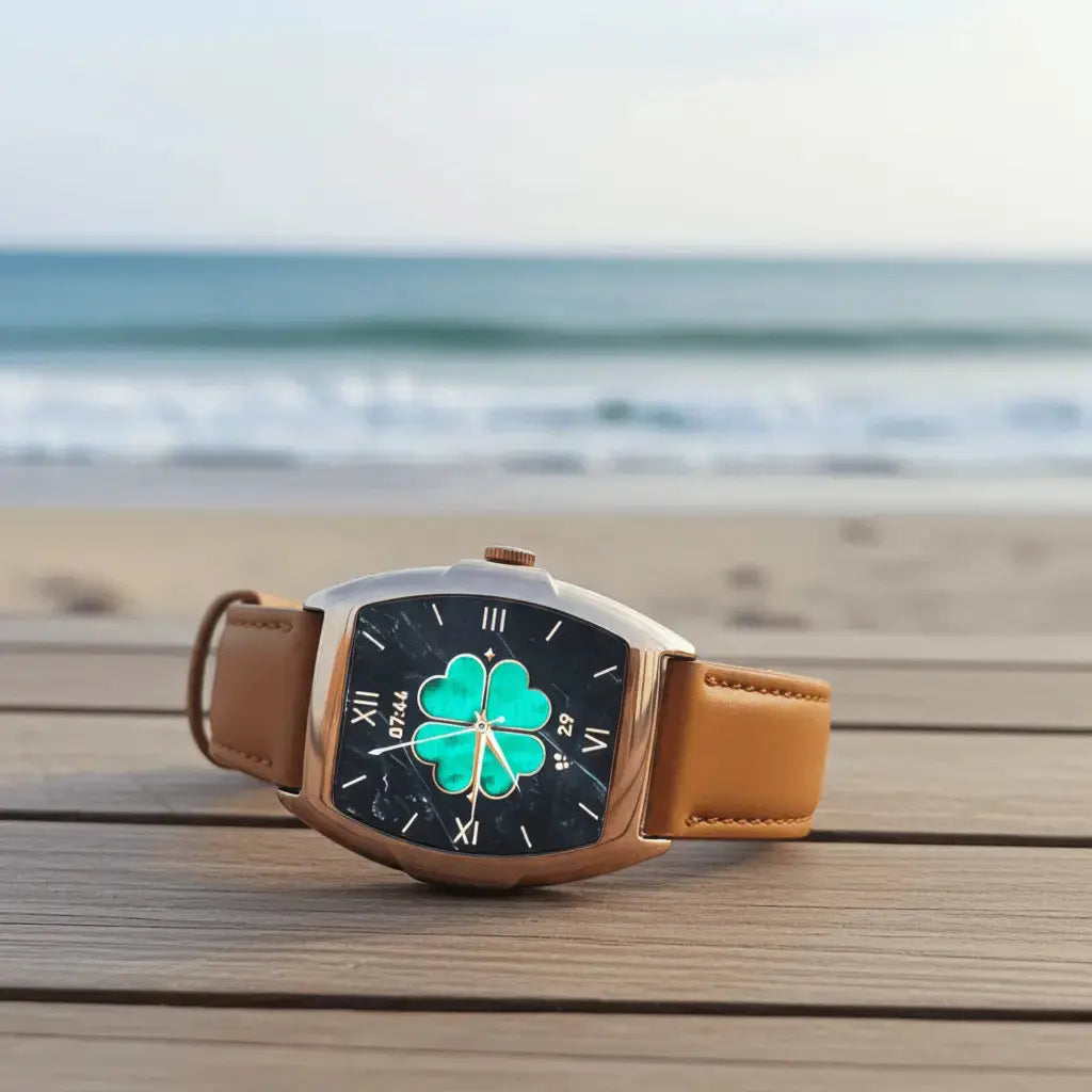 Mil-e smartwatch with tan leather strap, rose-gold case, green clover clock face