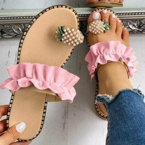 Pineapple pearl beach slides, pink ruffled straps and beaded pineapple ornament