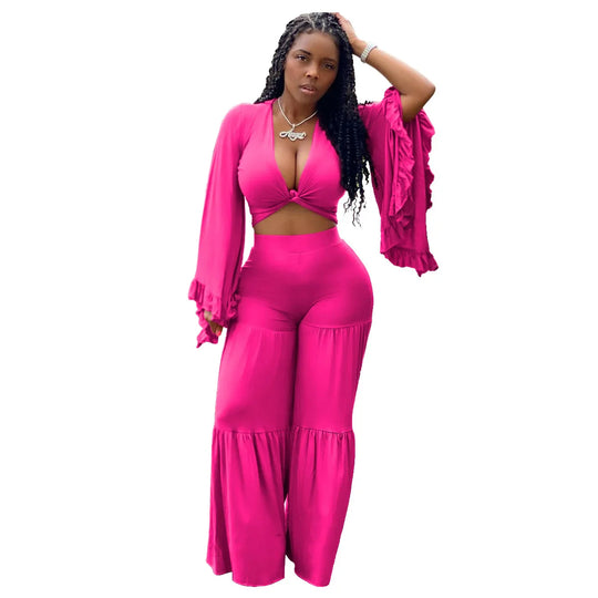 Rose red long-sleeve wrap crop top and wide-leg trousers, matching 2-piece set