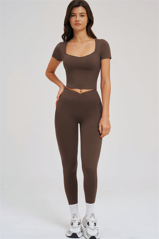 Taupe fitted scoop-neck tee paired with matching high-rise leggings