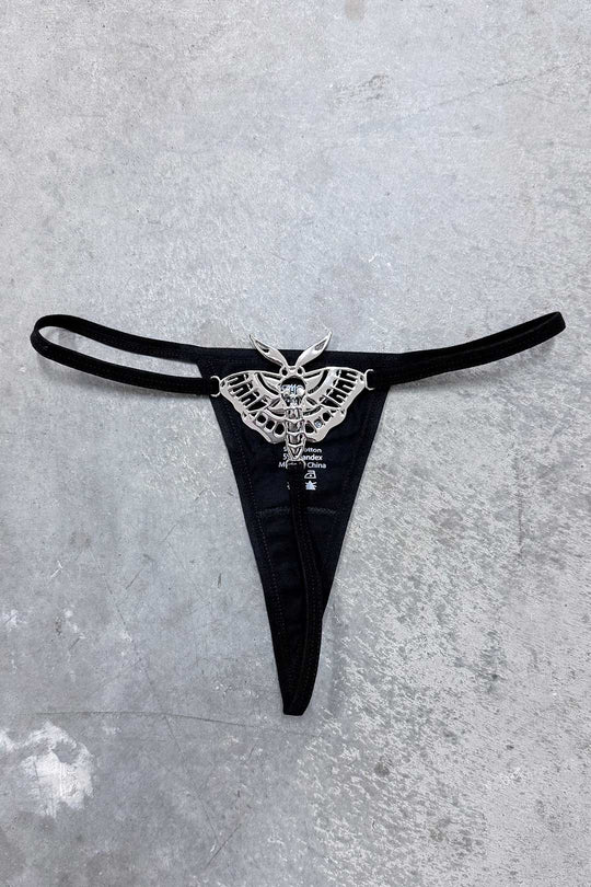 Black metal Death Moth thong with silver winged emblem at center front