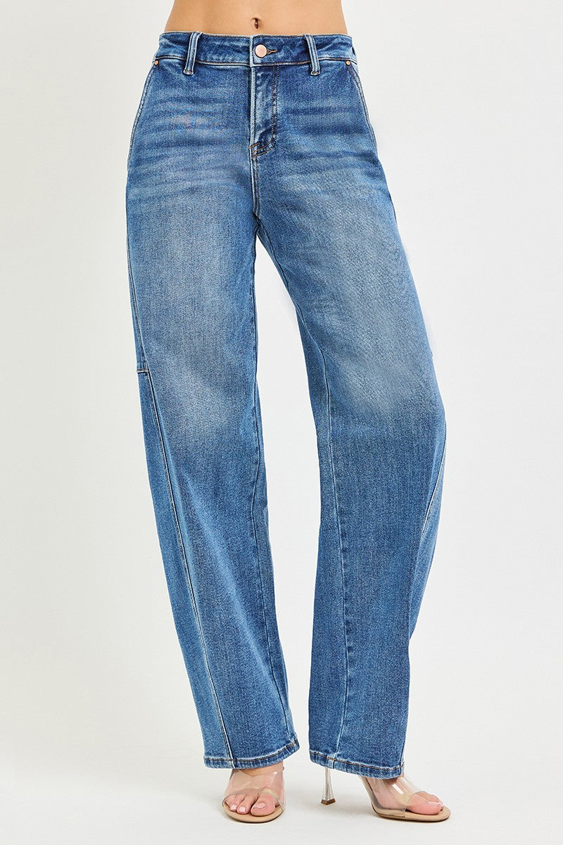 RISEN slouchy baggy jeans, medium wash, straight relaxed legs, full view