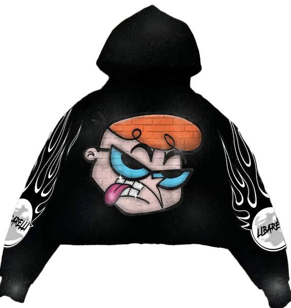 Black Dexter hoodie with colorful back graphic and flame-style sleeve print