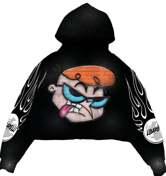 Black Dexter hoodie with colorful back graphic and flame-style sleeve print