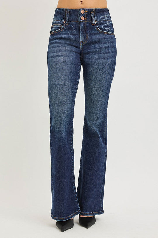 Dark wash high-rise flare jeans with stitched seams and top-button waistband