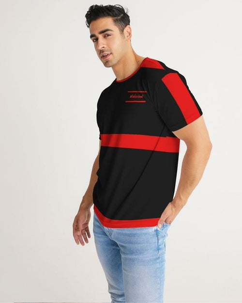 Men's black T-shirt with red side stripe and center banding, short sleeves, chest logo.