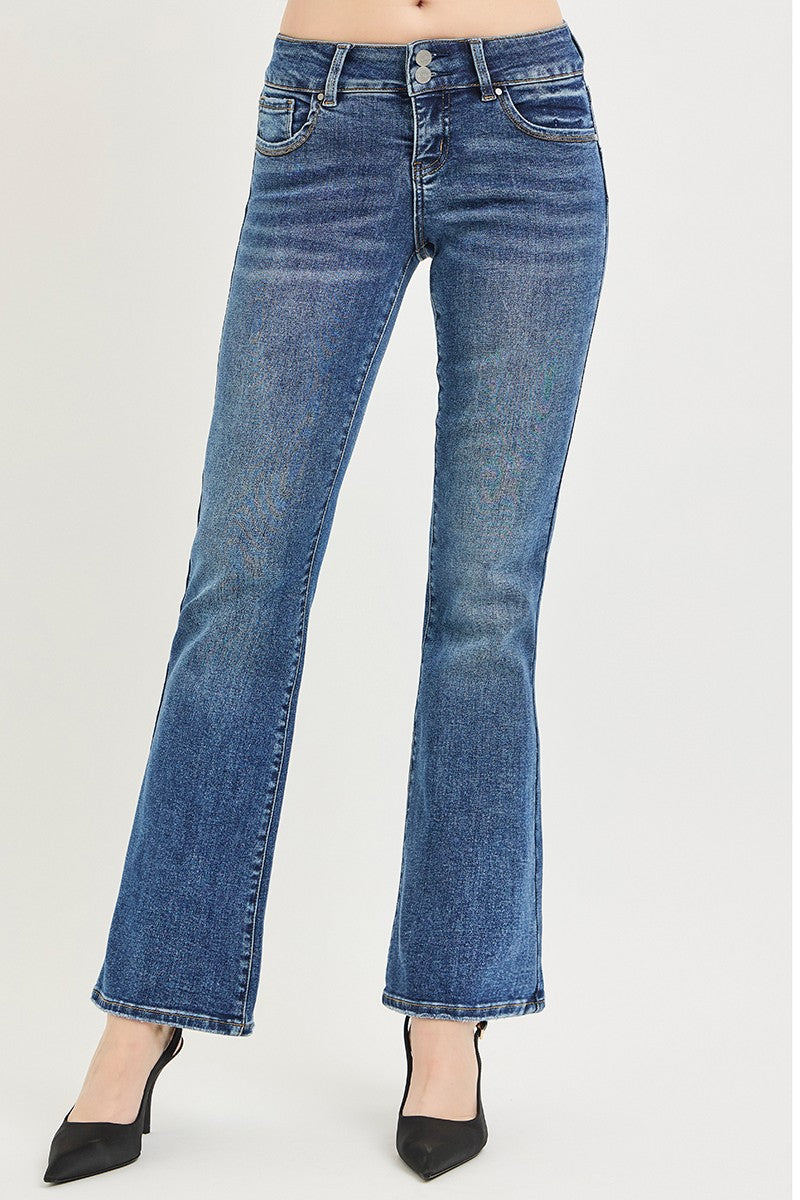Medium wash low-rise bootcut jeans with straight waistband and stitched hems
