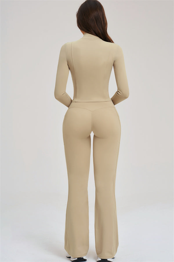 Almond leggings and zip jacket back view, high-rise waist and flared leg shape