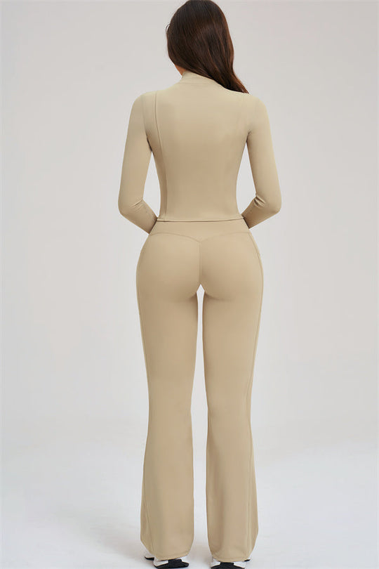 Almond leggings and zip jacket back view, high-rise waist and flared leg shape