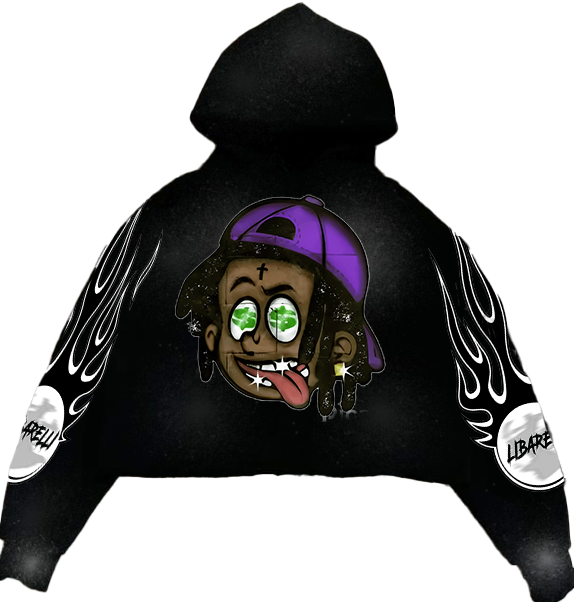 Black DJ hoodie with large front character graphic and white flame sleeve details
