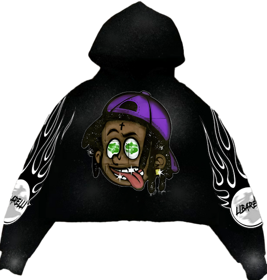 Black DJ hoodie with large front character graphic and white flame sleeve details