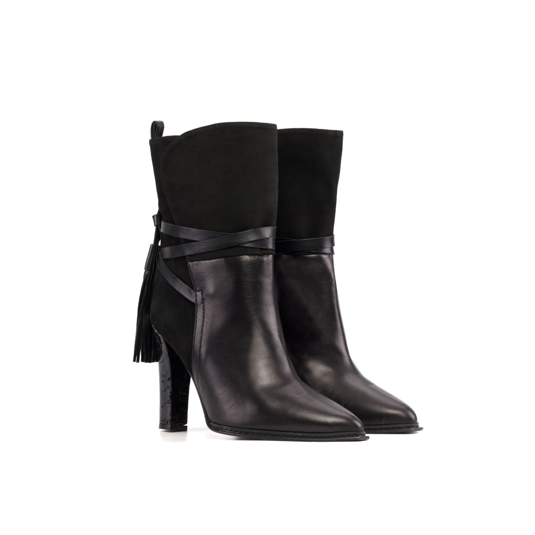 Black high-heel booties with cross ankle strap and side tassel