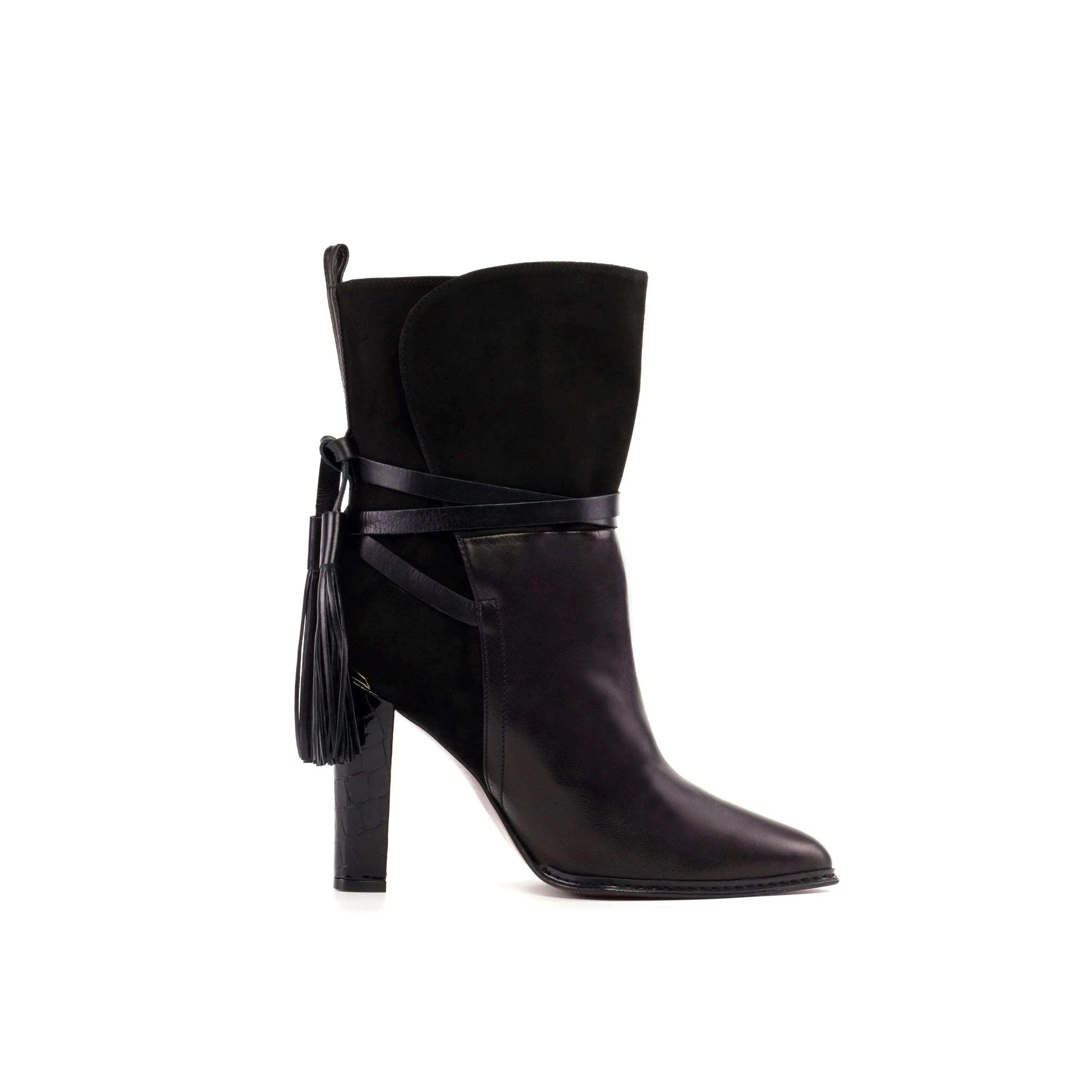 Black high-heel booties with ankle strap and tassel detail, pointed toe