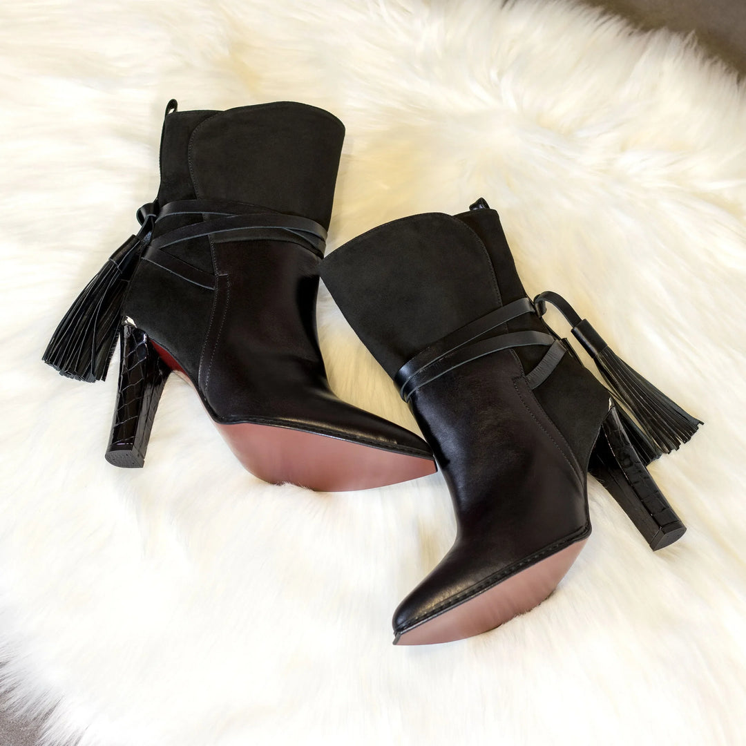 Black ankle booties, suede uppers with side tassels and slim block heel