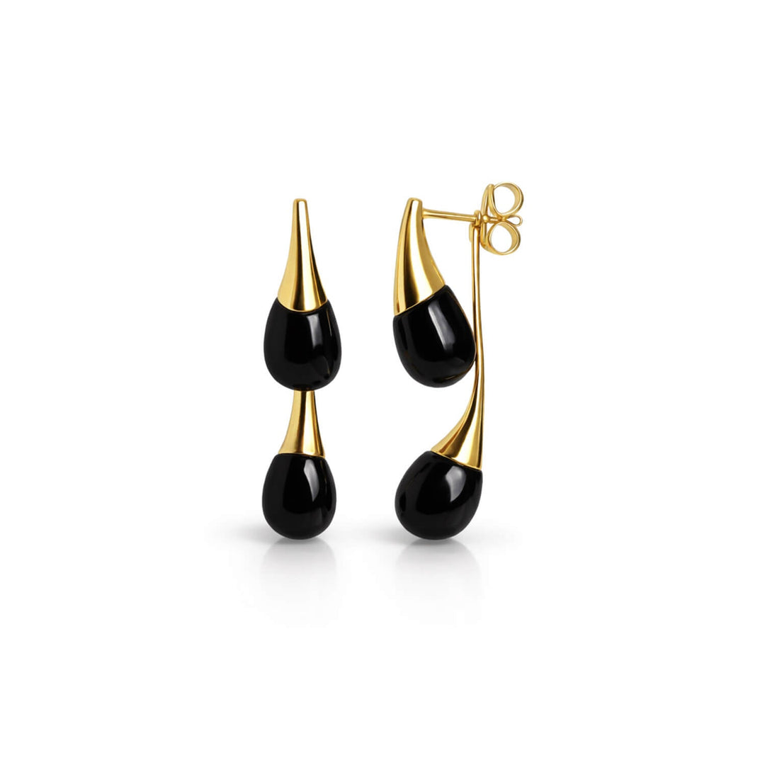 Black double drop earrings with gold-tone caps and glossy black teardrop pieces.