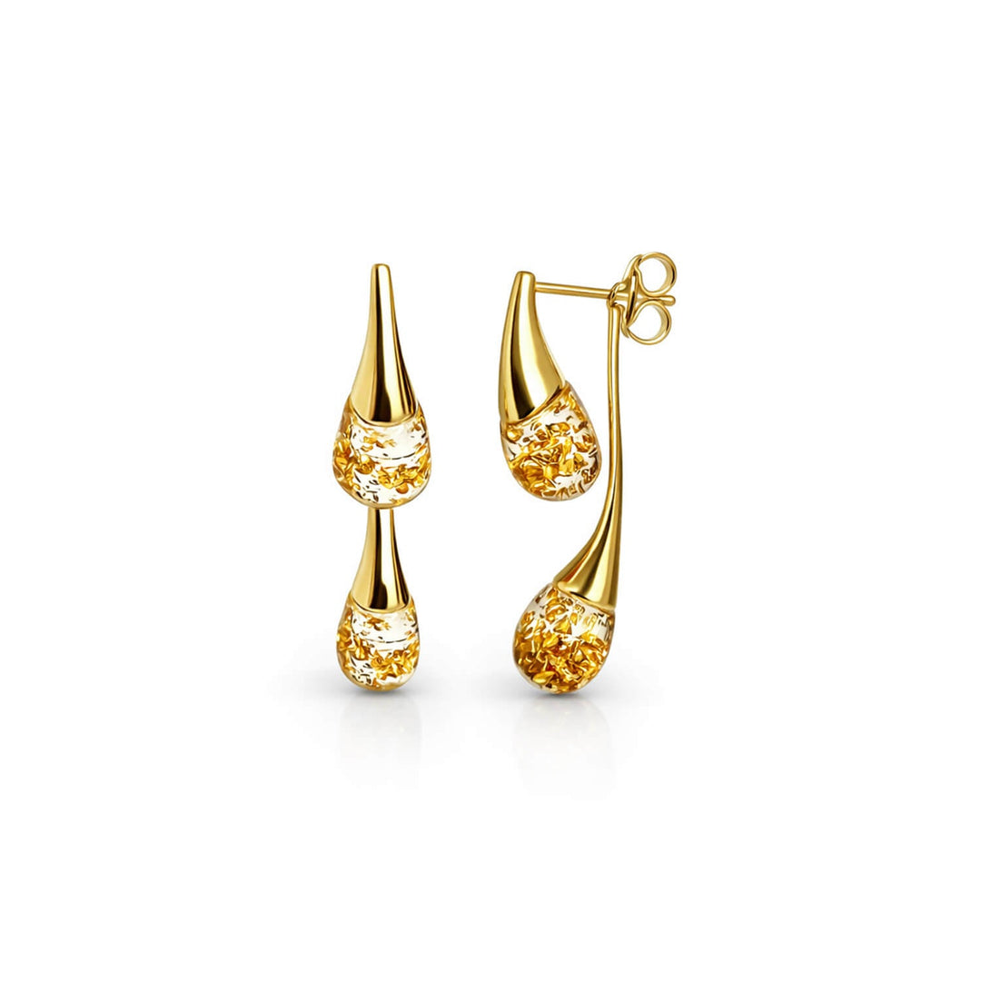 Interchangeable double drop earrings in CLEAR GOLD LEAF with gold flecked drops.