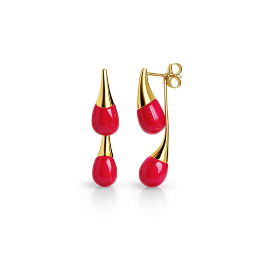 Interchangeable double drop earrings in Pink Flamingo with gold-tone caps.