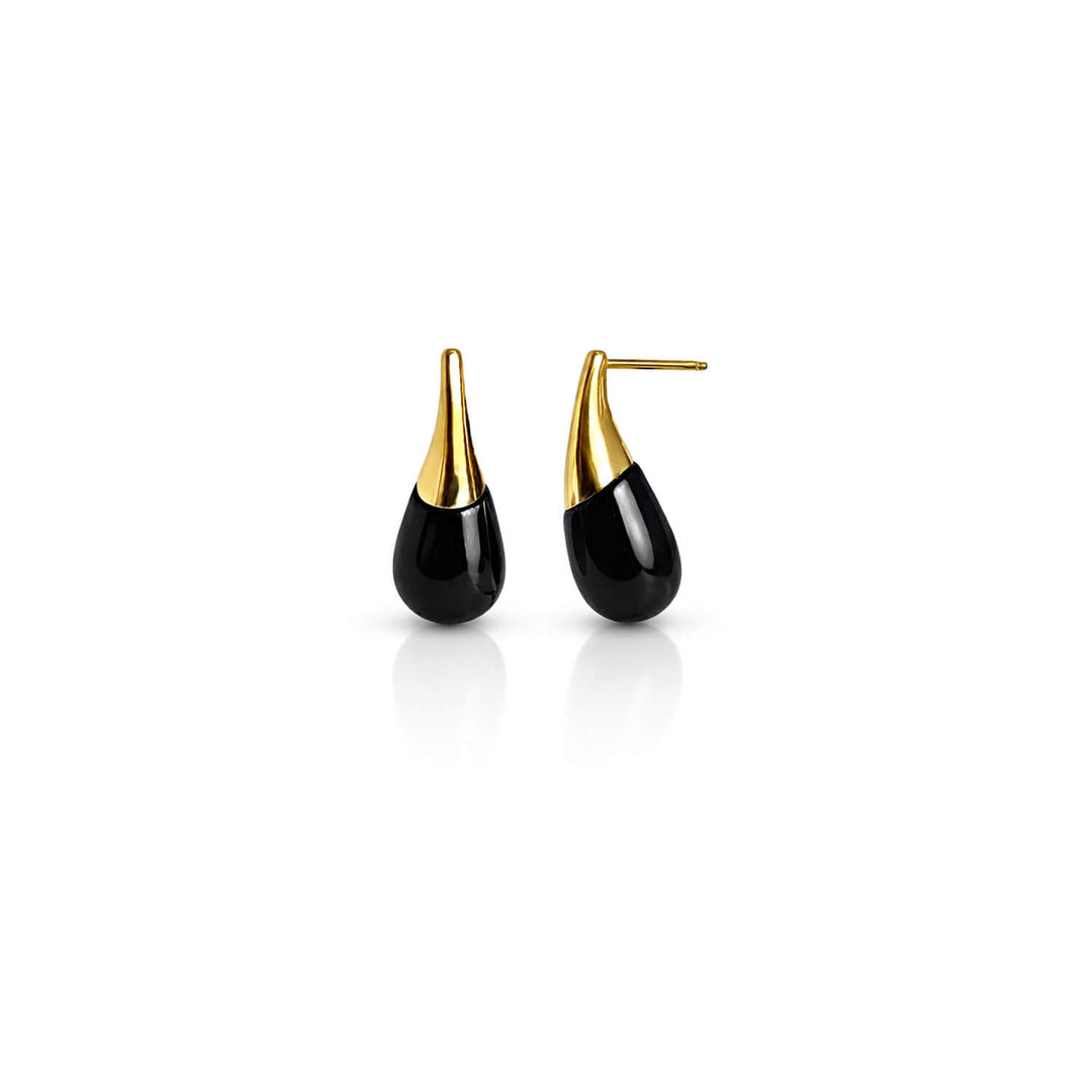 Black double drop earrings with gold-tone hook backs and glossy black drops.