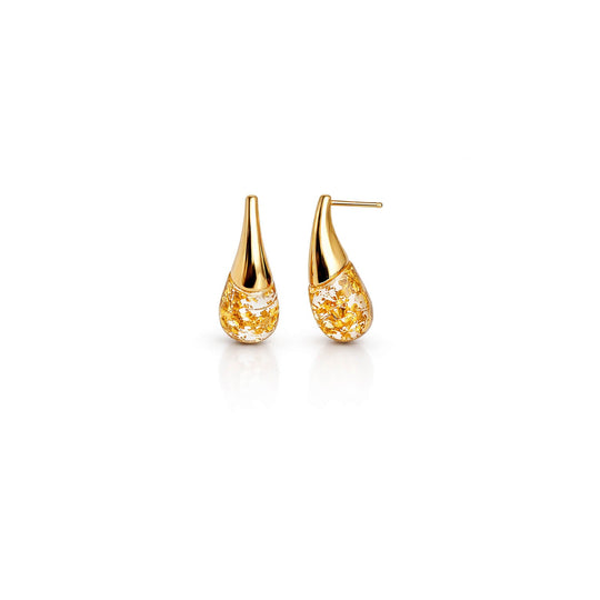 CLEAR GOLD LEAF double drop earrings with speckled gold enamel teardrops and posts.