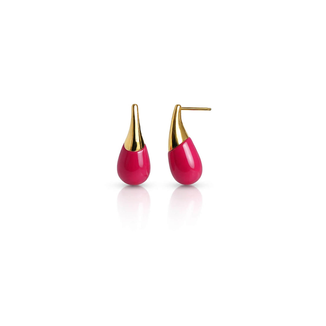 Pink Flamingo double drop earrings, gold-tone hooks and glossy red teardrops.