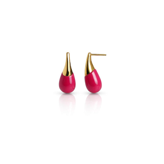 Pink Flamingo double drop earrings, gold-tone hooks and glossy red teardrops.