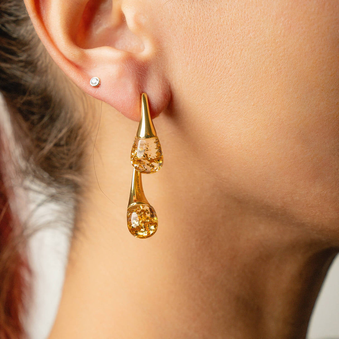 Interchangeable double drop earrings, clear gold leaf teardrops on gold hooks