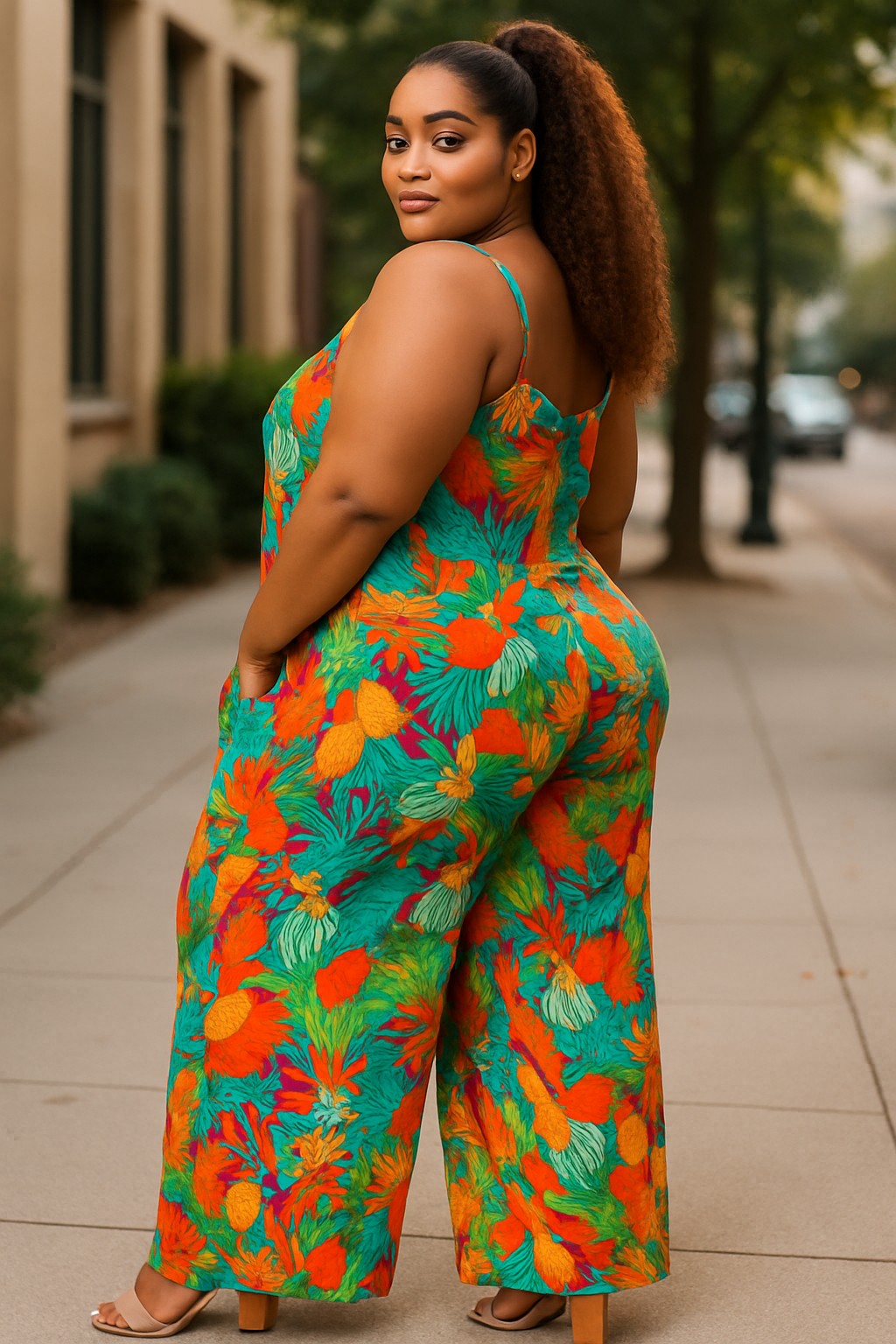 Back view teal floral jumpsuit with orange print, thin straps, loose wide-leg fit