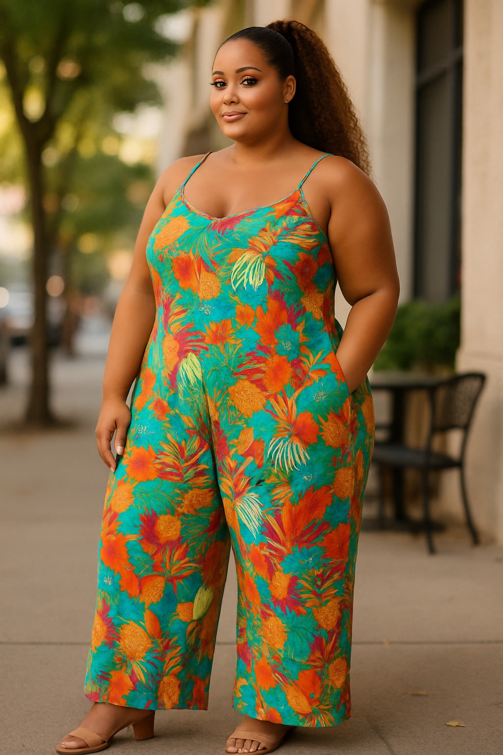 Teal-and-orange floral plus-size jumpsuit, adjustable spaghetti straps, wide legs
