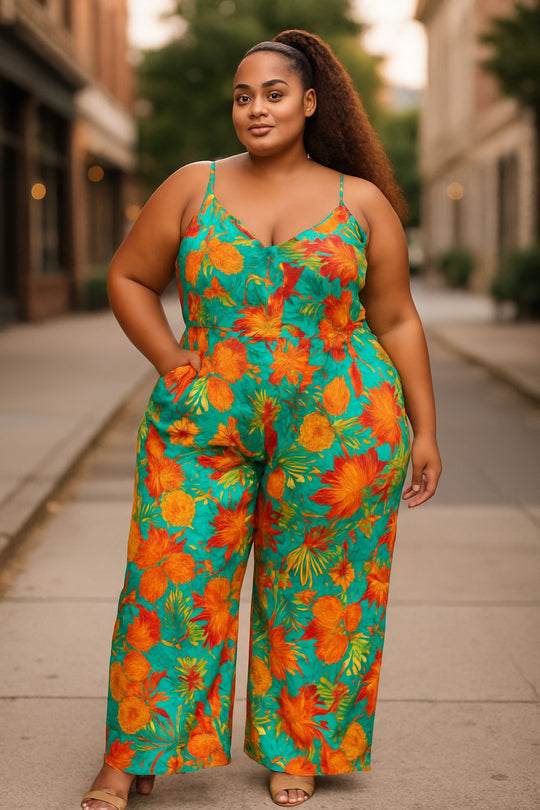 Plus-size teal floral jumpsuit with orange print, spaghetti straps and wide legs