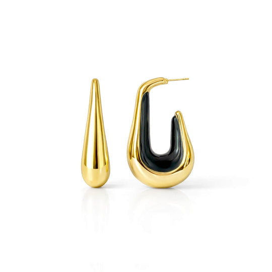 Drop hoop earrings with gold-tone hoops and glossy black enamel inner
