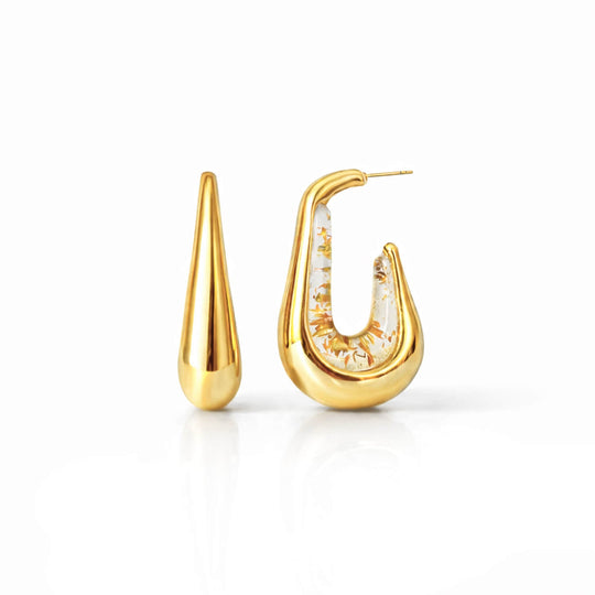 Drop hoop earrings with gold-tone hoops and clear enamel with gold flecks