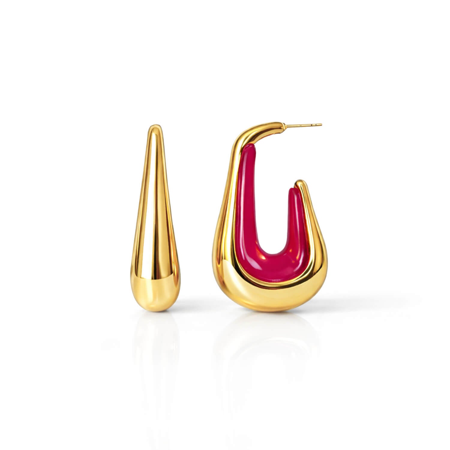 Drop hoop earrings with gold-tone hoops and bright pink enamel inner